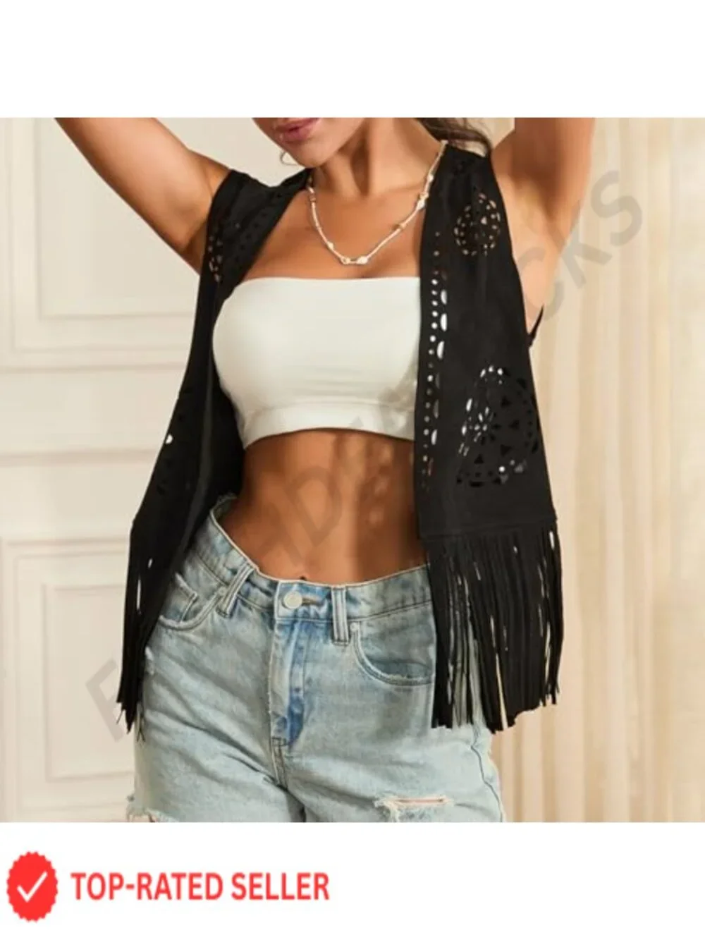 Suede Tassel Fringe Vest 70s Hippie Cowgirl Western Open Front Sleeveless Jacket